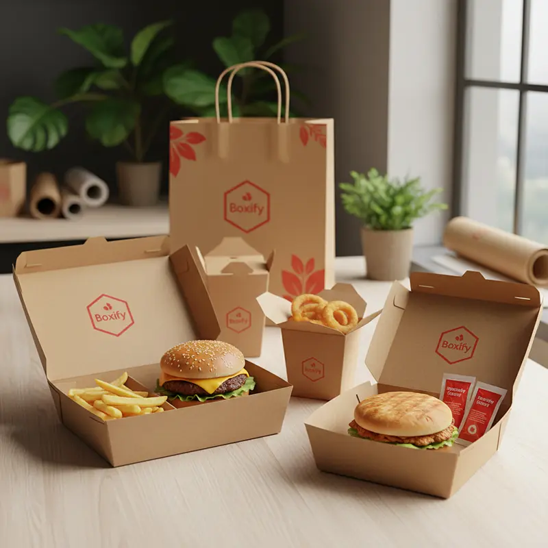 Bölmeli kraft menu box, hamburger ve patatesin bir arada sunulduğu paket servis kutusu.